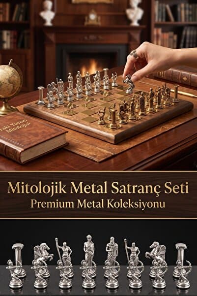 Minishopio Lüks Dekoratif El Yapımı Mitolojik Zamak Taşlı %100 Doğal Çam Masif Ahşap Satranç Seti 25x25 cm