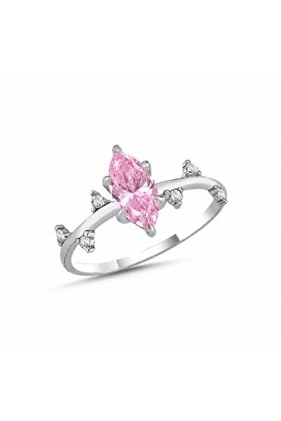 LA MİA FELİCİTA 925 Ayar Pembe Turmalin Markiz Taşlı Pırlanta Tasarım Gümüş Yüzük
