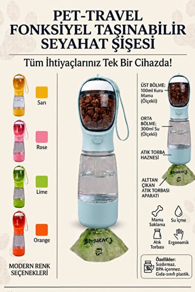 ego home Taşınabilir Kedi Köpek Suluğu 500 ml 3in 1 arada Seyahat Su Şişesi Mama Kaseli ve Çöp Poşeti Hazneli