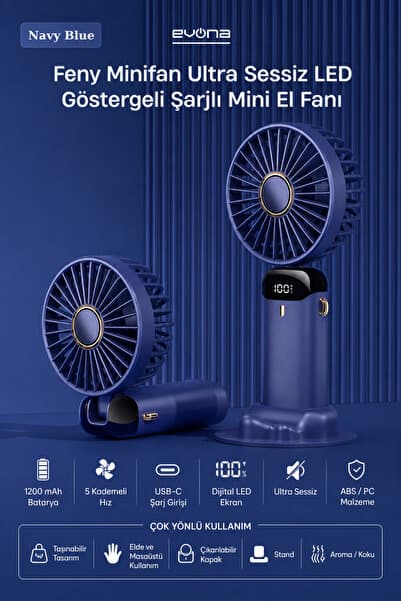 evona Feny Taşınabilir El Fanı, 5 Kademeli Soğutma, Dijital Göstergeli Mini Fan