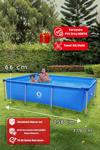 Kalitomi 258x179x66 cm Metal Gövde Bahçe Havuzu – Paslanmaz Çelik Konstrüksiyon Aile Havuzu + Örtü Hediyeli Tamir Kiti Dahil