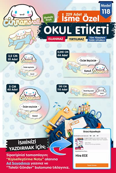 t tuğset etiket Okul Etiketi Cinnamoroll Temalı Kalem Defter Etiketi Özel İsim Yazılabilen Etiket Seti - İsim Etike
