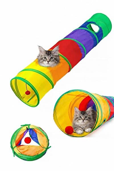 HAYHAYPETSHOP Kedi Oyun Tüneli Katlanabilir Renkli Tünel Oyuncağı Düz Ponpon Toplu Dayanıklı Eğlenceli OyuncaK