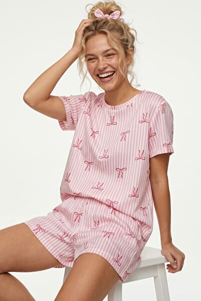 Siyah İnci PEMBE ÇİZGİLİ FİYONK desenli İnce Soft Örme Mevsimlik Şortlu Pijama Takımı 8045