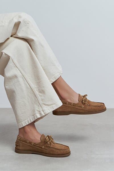 NİŞANTAŞI SHOES Maura Rome Bej Süet Hakiki Deri Bağcık Detay Kadın Loafer Ayakkabı