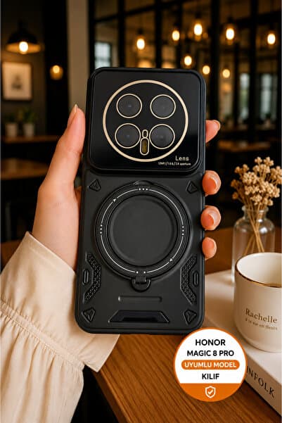 TechTrove Honor Magic 8 Pro İçin Uyumlu 3D Kamera Lens Korumalı Standlı Kılıf