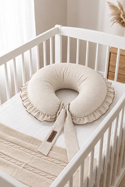 mordesign Fırfırlı Emzirme Yastığı, Bebek Destek Minderi, Hamile Yastığı, Pamuk Kumaş, Ruffle Seri, Krem