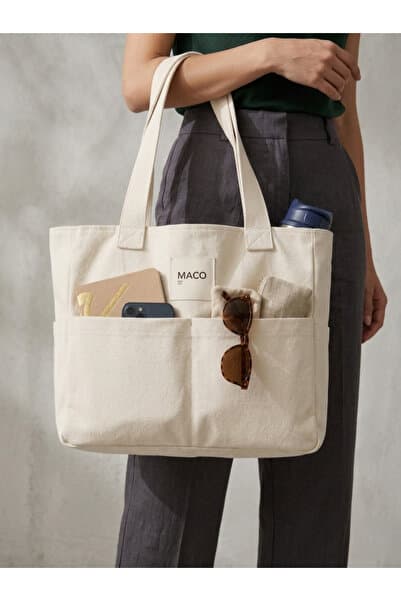 Maco collection Kalın Gabardin Tote Bag Uzun Askılı Çok Cepli Geniş Omuz Çanta