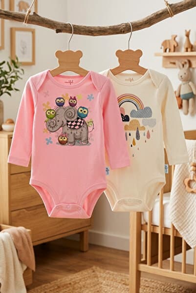 MAHFEL 2'li Uzun Kollu %100 Pamuklu Organik Baskılı Çıtçıtlı Bebek Body Zıbın