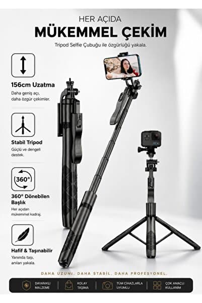 Uzaktan Kumandalı 156 Cm Alüminyum Tripod Ve Selfie Çubuğu Telefon, Kamera, Işık Ve Gopro Uyumlu