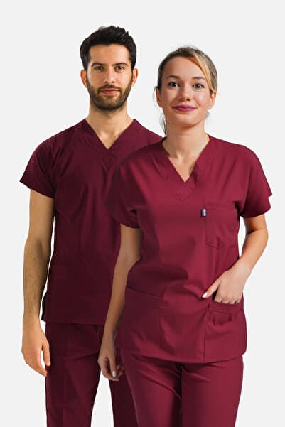 Class Üniforma Tek Üst Bordo Likralı Unisex Medikal Hemşire Ve Doktor Üniforması Cerrahi Giyim
