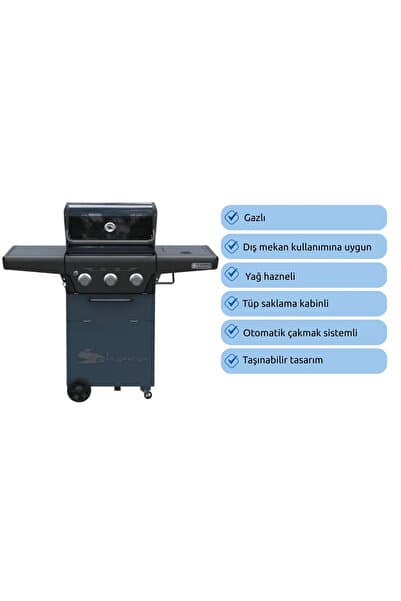 Aygaz X350 Klasik Barbekü ve Mangal - Gri Mavi - LED Işıklı Düğmeli, Bahçe Tipi, Büyük Izgaralı
