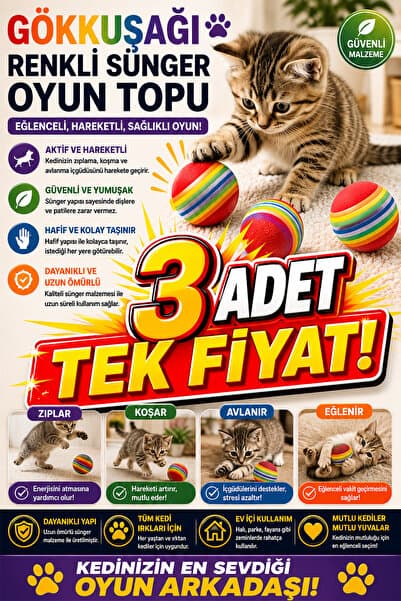 rianka 3'lü Gökkuşağı Renkli Sünger Kedi Oyun Topu - İnteraktif Hafif Yumuşak Kedi Oyuncağı, Avcılık Egzersiz Topu