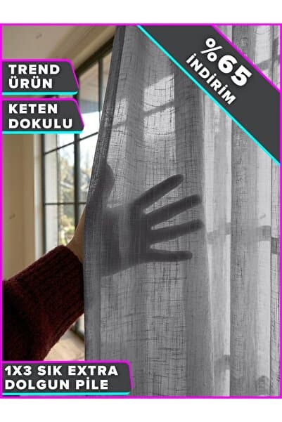 Demor Home Duman Grisi Lüks Keten Dokulu 1/3 Sık Pile Zarif Tül Perde | Ütü İstemez | Dolgun Pile | Trend Ürün