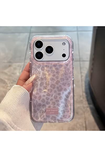 MustCase iPhone 17 Pro Max Uyumlu Pembe Leopar Desenli Şeffaf Simli Telefon Kılıfı Şık ve Koruyucu Tasarım