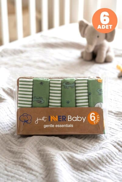Just inner Erkek Bebek 6'lı Pamuklu Ağız Mendili Safari ve Çizgili Desenli Kutulu Set Nefes Alan Dok