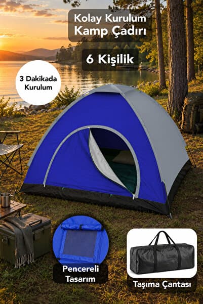 fischerone Kolay Kurulum Kamp Çadırı - 6 Kişilik Manuel 4 Mevsim Kullanım Bahçe Çadır Gri 220x250x150
