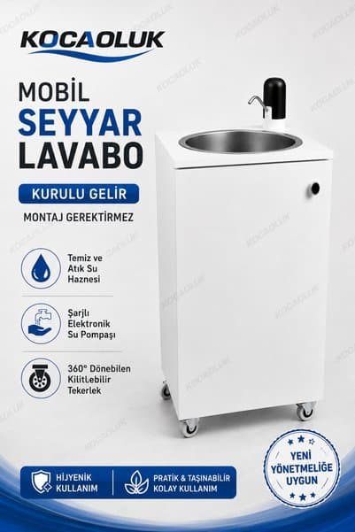 Kocaoluk Yeni Yönetmeliğe Uygun Model Seyyar Lavabo Tekerlekli Mobil Lavabo Şarjlı Musluklu 10+10 L Hazneli Kurulu
