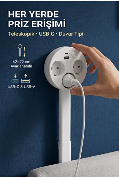 4 Berry Teleskopik Çoklu Priz, 3’lü Topraklı + USB-C & USB-A, Yükseklik Ayarlı, Işıklı Anahtarlı Uzatma Priz