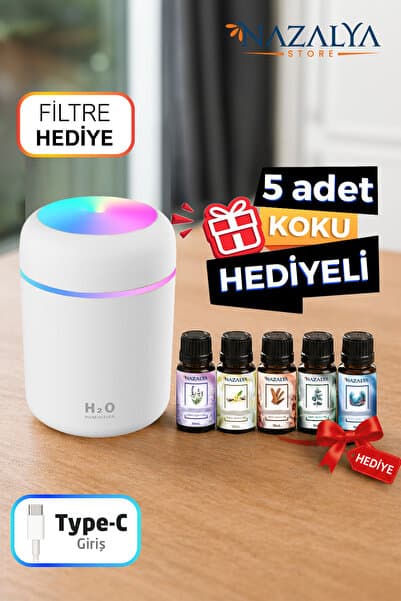 Nazalya +5 Adet Koku Hediyeli Ultrasonik Oda ve Araç Hava Nemlendirici Buhar Makinesi Ve Aroma Difüzörü Koku