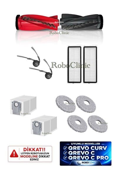 Roboclinic Roborock QRevo Curv / Qrevo C / Qrevo C Pro Robot Süpürge Uyumlu Toz Torba, Fırça, Hepa Filtre, Mop Seti-12 Parça