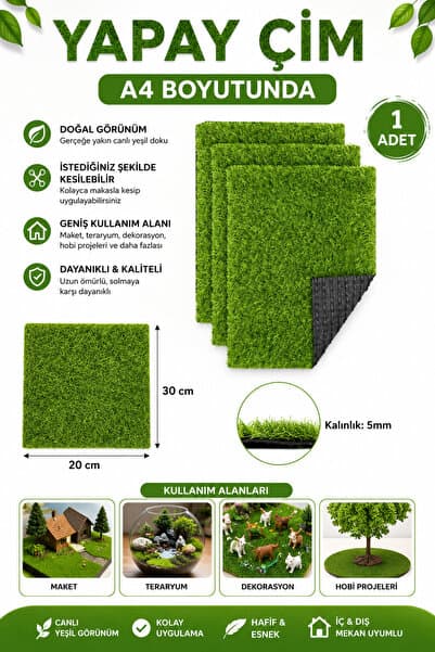 Hobialem Yapay Çim A4 20x30 cm 1 Adet Maket Çimi Teraryum Suni Çim Halı Dekoratif Çim