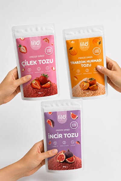 Lilo Natural Freeze Dried Meyve Paketi - Çilek Tozu & İncir Tozu & Hurma Tozu 3x50 g - Dondurularak Kurutulmuş %100 Meyve Tozu