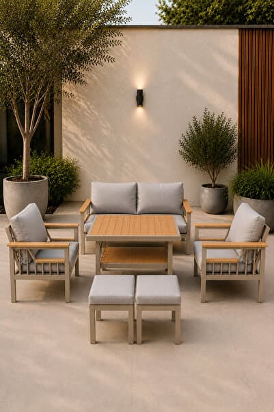 Rovena AREL Balkon Takımı, Cappuccino GRİ Bahçe Takımı 5+1 (Masa 70x110 2 li Koltuk 70x150 Tekli Koltuk 70x70)