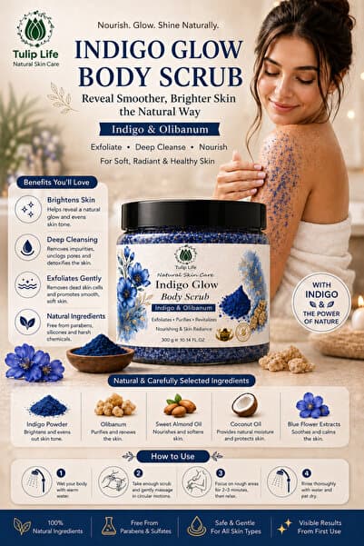 Tuliplifeoffical Indigo Işıltısı Vücut Peelingi Indigo Tozu ve Günlük Reçinesi İçeren Body Scrub 300 g