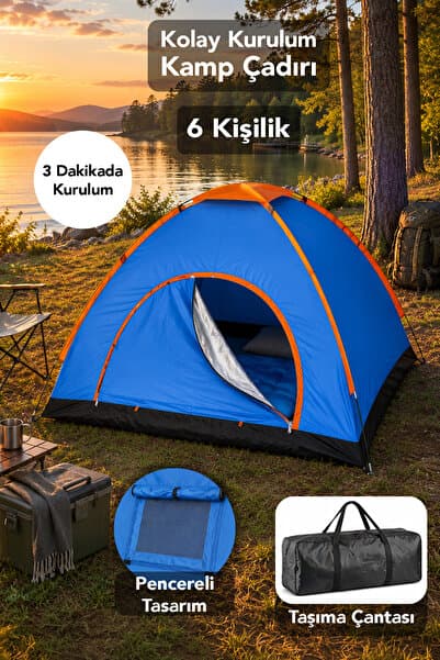 fischerone Kolay Kurulum Kamp Çadırı - 6 Kişilik Manuel 4 Mevsim Kullanım Bahçe Çadır Lacivert 220x250x150