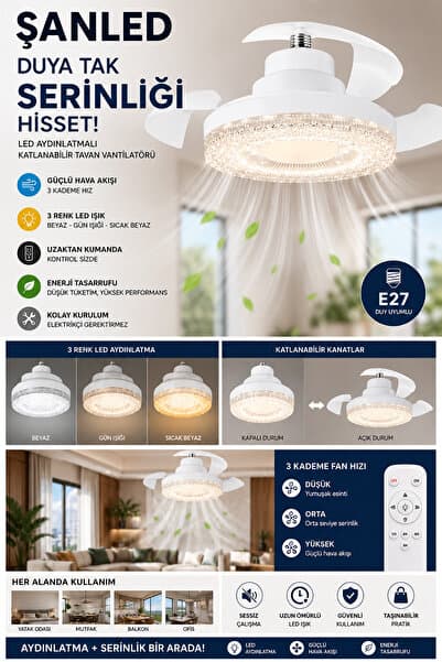 ŞANLED Tavan Tipi Vantilatörlü Kristal LED Ampul 40W Kumandalı 3 Renkli Işık Sessiz Çalışma