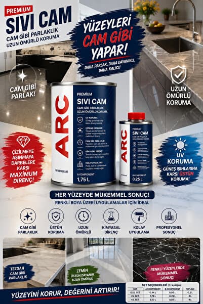 ARCMARİN KİMYA VE DENİZCİLİK HIRDAVAT PREMIUM Sıvı Cam Kaplama - Her tülü yüzey için Şeffaf Parlak Koruyucu Yalıtım Vernik
