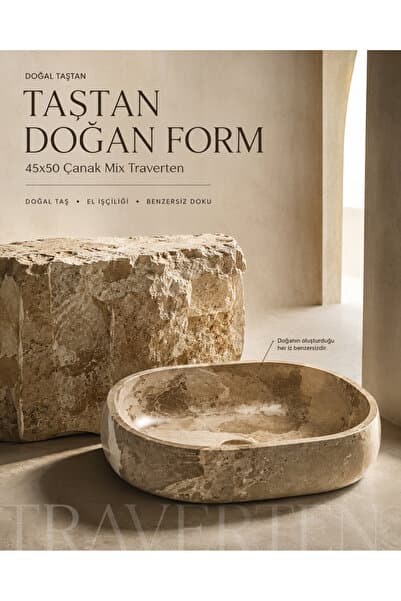 Genel Markalar Doğal Taş 45x50 cm Çanak Lavabo Mix Traverten El İşçiliği Tezgah Üstü Taş Lavabo