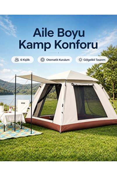 Yellowtech Aile Boyu 6 Kişilik Otomatik Çadır – Piknik, Tatil ve Kamp İçin Geniş Tasarım(bej)