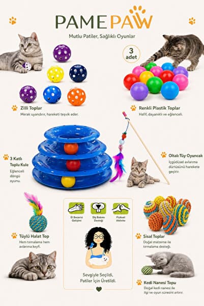 PAMEPAW 8'li Set: Sarma Topu+3'lü Renkli Top+oyun Topu Tüylü + Kedi Oltası+3 Katlı Oyuncak +çıngıraklı Top