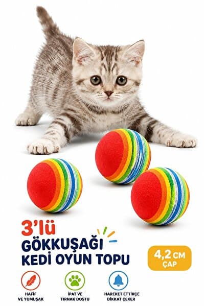 İndirimKap 3lü Gökkuşağı Sünger Kedi Köpek Çiğneme Oyun Topu 4,2 Cm Diş Çıkarma Interaktif Oyuncak