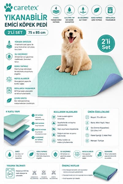 CARETEX Abso Yıkanabilir Emici Köpek Tuvalet Eğitim Çiş Pedi (2 Li Set) 75x85 Cm