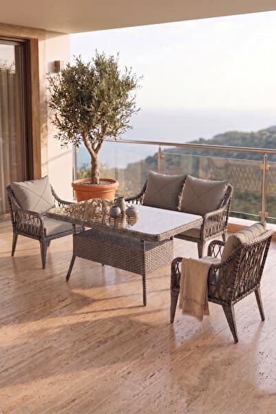 Canisa Tulipa Serisi 1.Sınıf 2+1+1 Gri Rattan Gri Minder Bahçe Balkon Oturma Koltuk Takımı