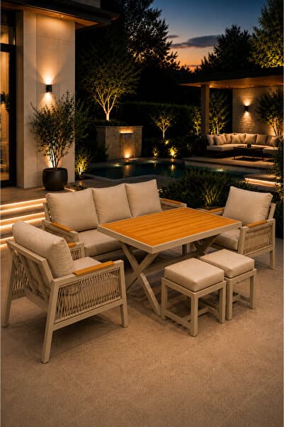 Rovena GARDEN Balkon Takımı, Cappiccino Bahçe Takımı 5+1 (Masa 70x110 3lü Koltuk 70x180 Tekli Koltuk 70x70 2 Adet puf )