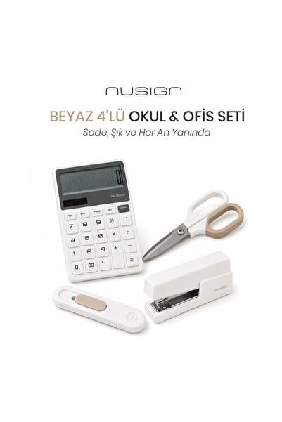 Nusign Hesap Makinesi &Zımba & Makas Kırtasiye Seti - Beyaz