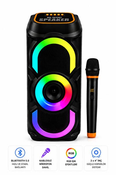 Omaze Kablosuz Mikrofonlu Bluetooth Hoparlör Karaoke RGB Işıklı TWS Destekli Taşınabilir Parti Hoparlörü USB FM Radyo 2x4 İnç