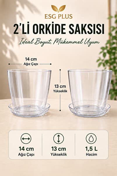 ESG PLUS 2’li Şeffaf Orkide Saksısı 14 cm Drenaj Delikli 1.5 L Tabaklı Plastik Saksı Seti
