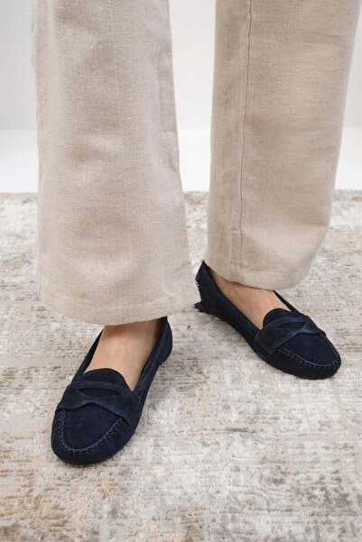 Mio Gusto Capri Hakiki Süet Lacivert Renk Kadın Loafer Ayakkabı