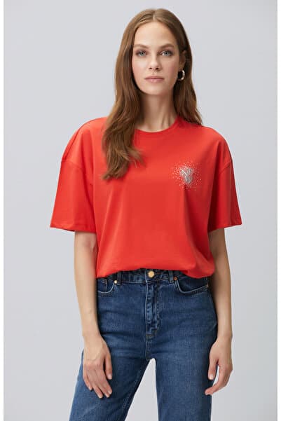 Network Kırmızı Göğsü Taş ve Logolu Kısa Kol T-shirt