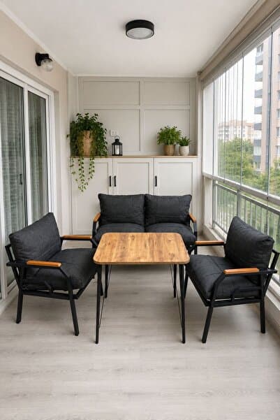 Dekoport Kutay Balkon Takımı, GÜNEŞE DAYANIKLI KUMAŞ Bahçe Takımı, Çay Seti Koltuk Takımı, Metal Kanepe 2-1-1 50x80 Masalı Antrasit