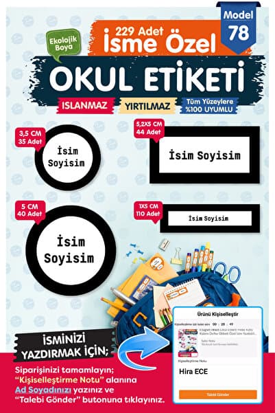 t tuğset etiket Okul Etiketi Kalem Defter Etiketi Özel Isim Yazılabilen Etiket Seti - Isim Etiketi-t523-oe78