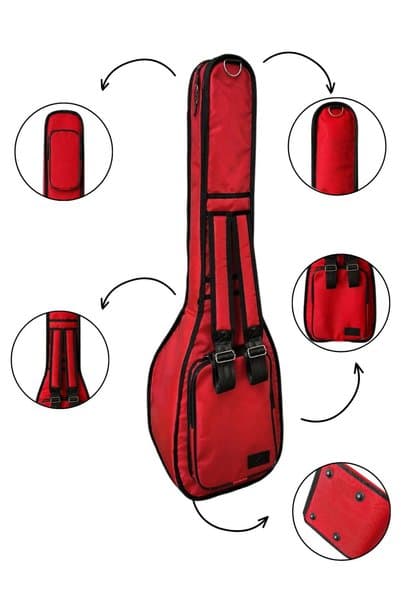 Erga Müzik Bağlama Çantası 1900 Denye Kırmızı Su Geçirmez Pedli Soft Case Kısa Sap Saz Kılıfı