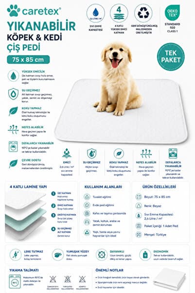 CARETEX Abso Yıkanabilir Kedi Köpek Tuvalet Eğitim Pedi 75x85 cm | Emici Su Geçirmez Çişi Eğitim Altı Pedi (BEYAZ)