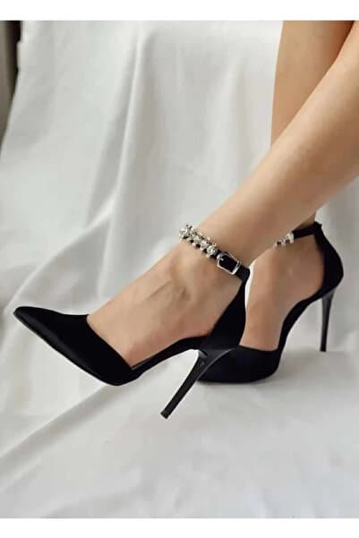 İA İLERİADIM Siyah Saten Topuklu Taşlı Stiletto Abiye Ayakkabı Topuk Boyu 11 Cm