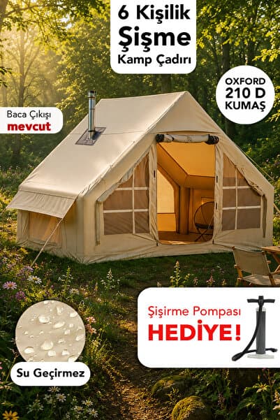 Fischer 6 Kişilik Çift Kapılı Çadır - Kolay Kurulum Su Geçirmez Kamp Outdoor Çadır Şişirme Pompası Hediye